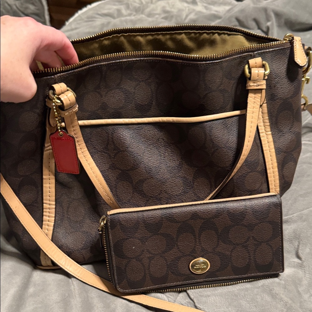 Coach Dark Brown and Tan Shoulder Bag with matching Wallet